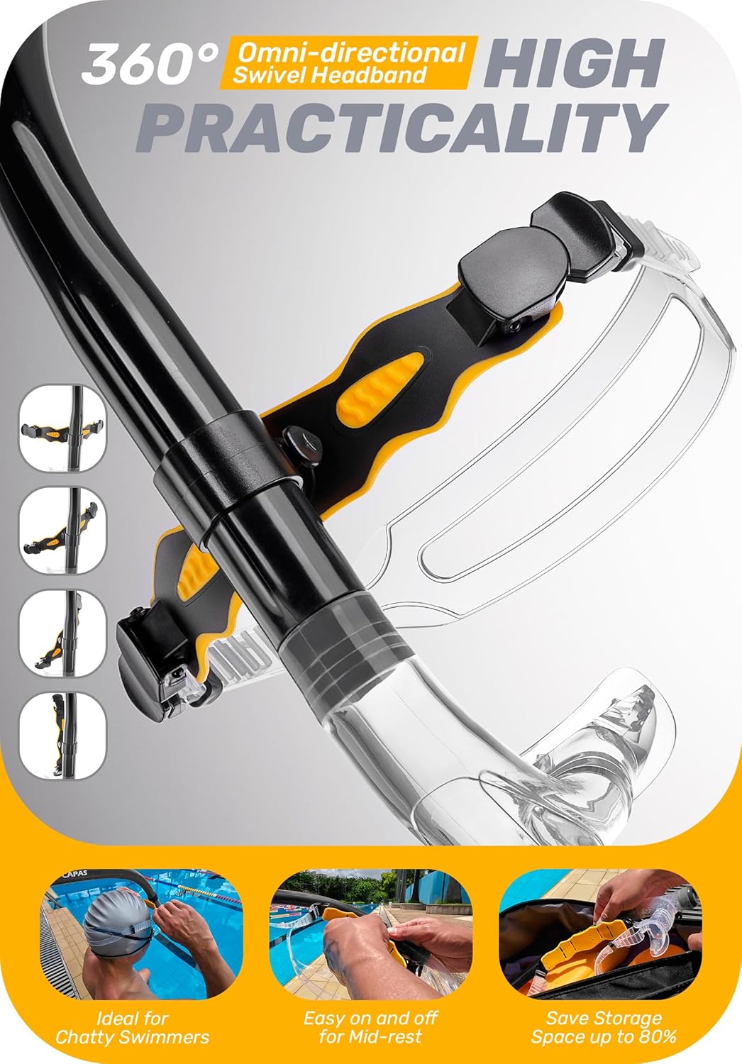CAPAS Training Swim Snorkel for Lap Swimming, Swivel Headband Ultimate Fit Center-Mount Swimmers Snorkel with Liquid Silicone Mouthpiece Adjustable Strap, Designed for Adult Men Women