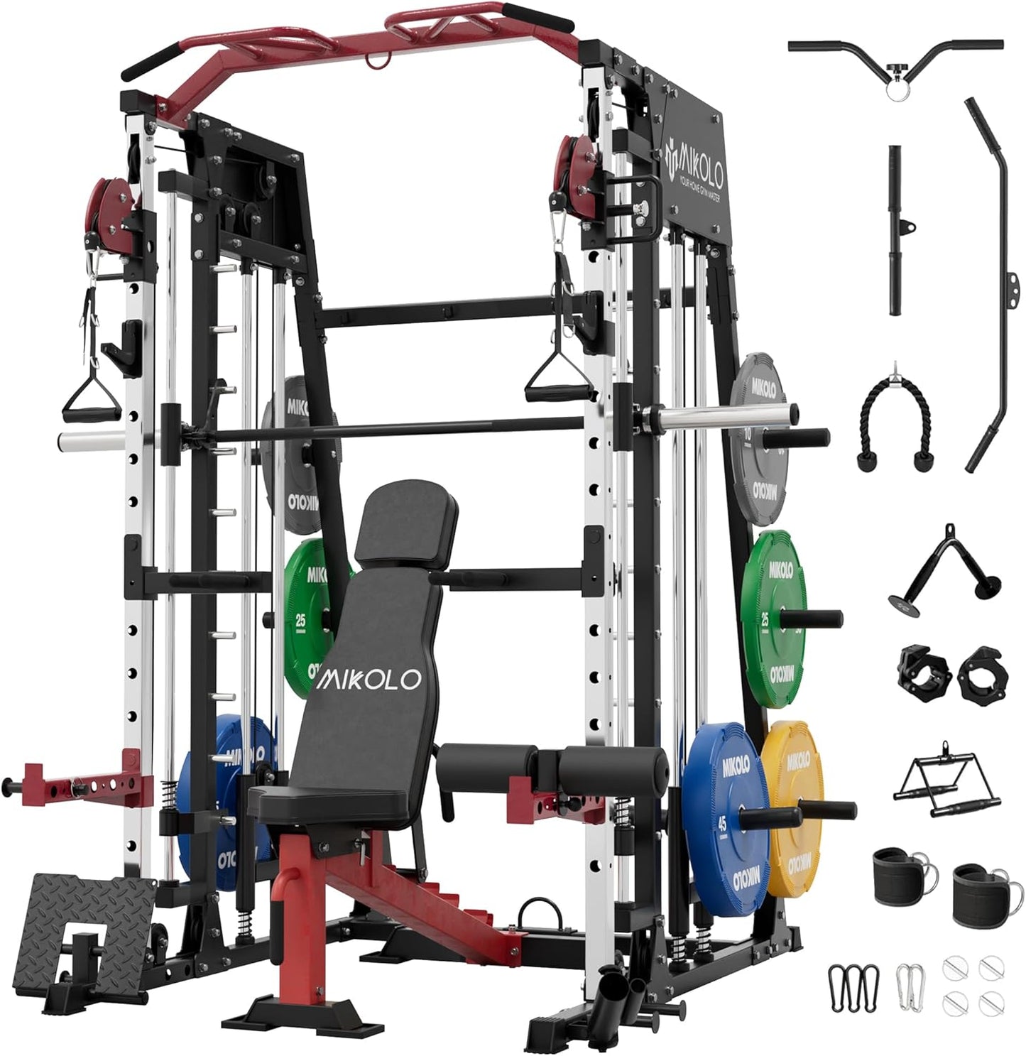 Mikolo Smith Machine, 2200lbs Squat Rack with LAT-Pull Down System & Cable Crossover Machine, Training Equipment with Leg Hold-Down Attachment