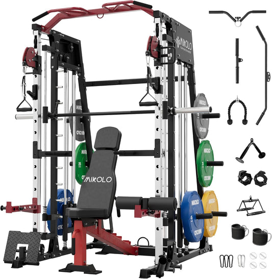Mikolo Smith Machine, 2200lbs Squat Rack with LAT-Pull Down System & Cable Crossover Machine, Training Equipment with Leg Hold-Down Attachment