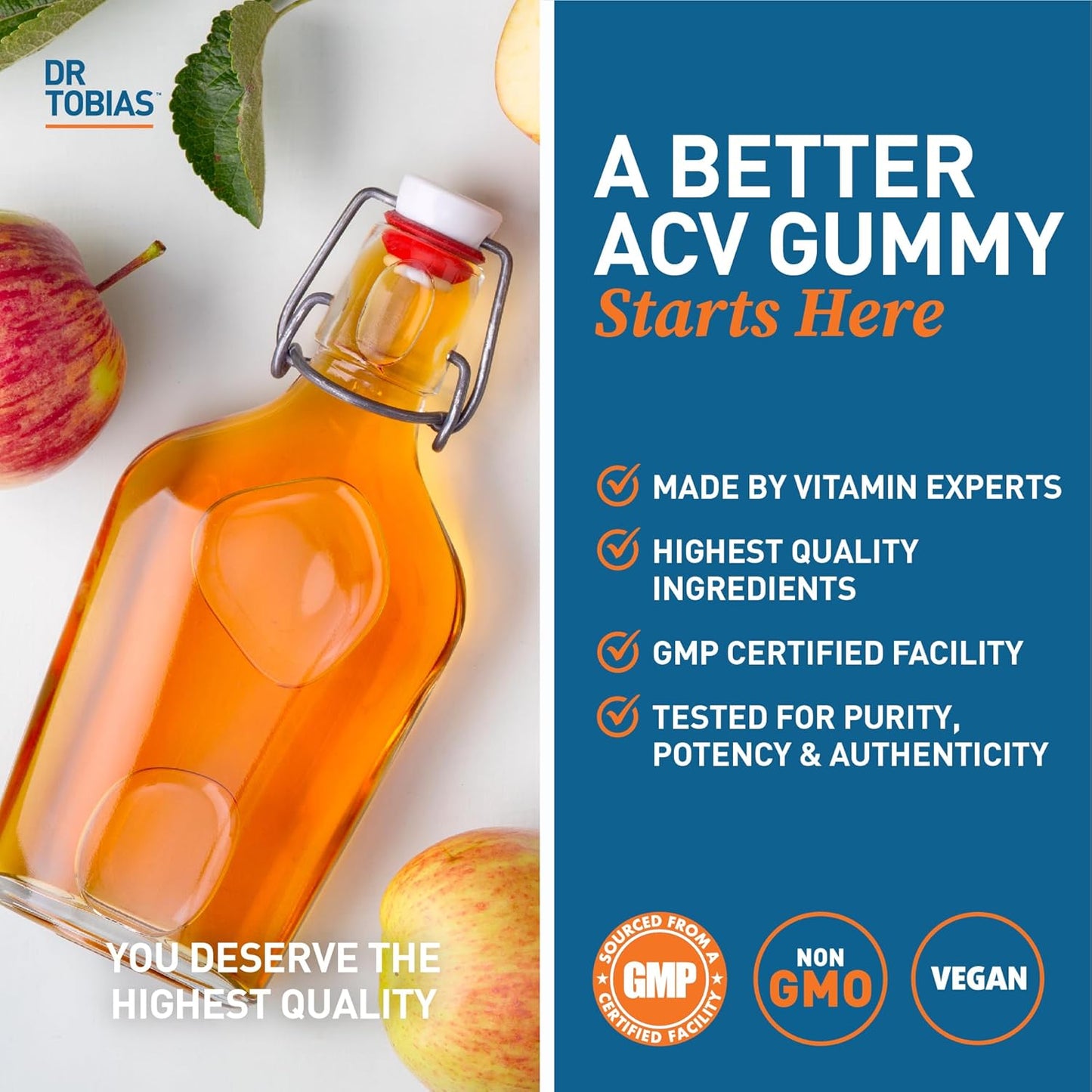 Dr. Tobias Apple Cider Vinegar Gummies, Includes 500 mg Apple Cider Vinegar with Mother, Folate, B12 & Iodine, Supports Gut Health, Cleanse & Detox, Vegan, Gluten-Free, 120 Gummies