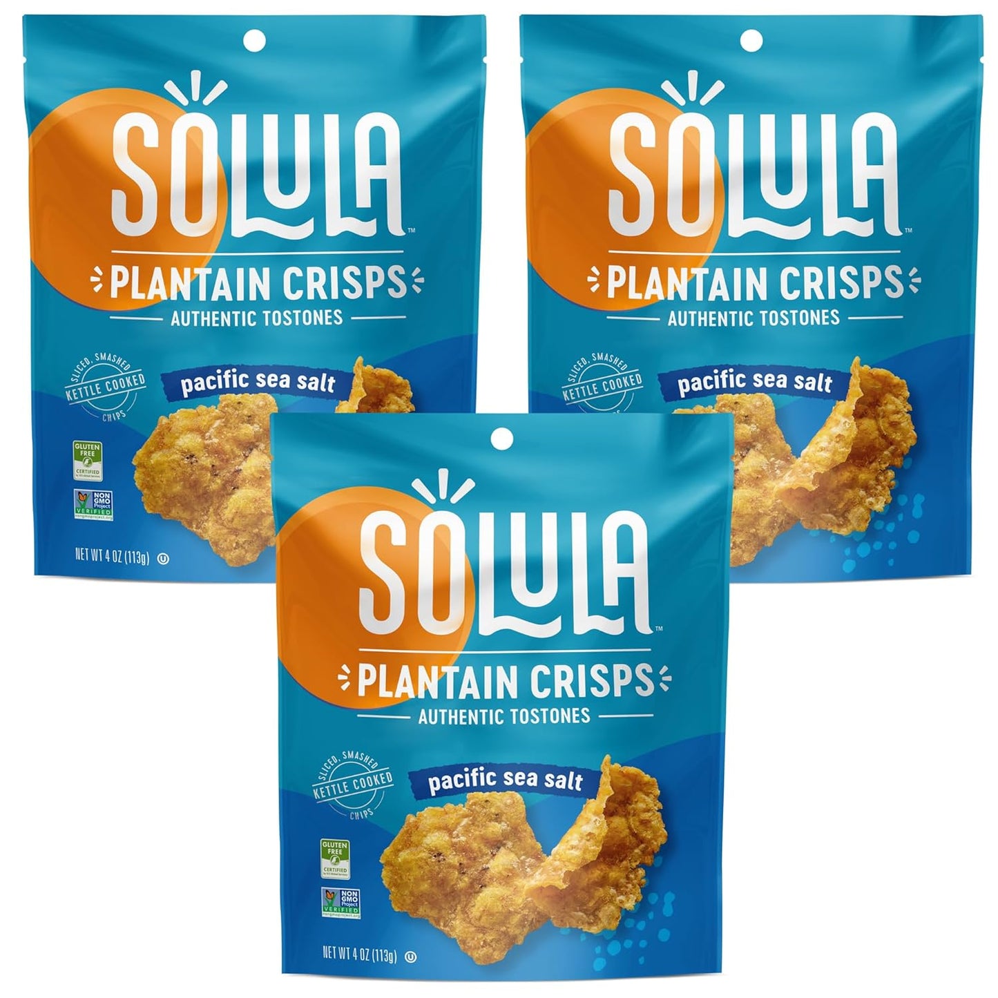 Solula Plantain Crisps Authentic Tostones, Pacific Sea Salt, 4 Ounce (Pack of 3), Kettle Cooked Chips, Gluten Free, Paleo Friendly, Grain Free, Vegan