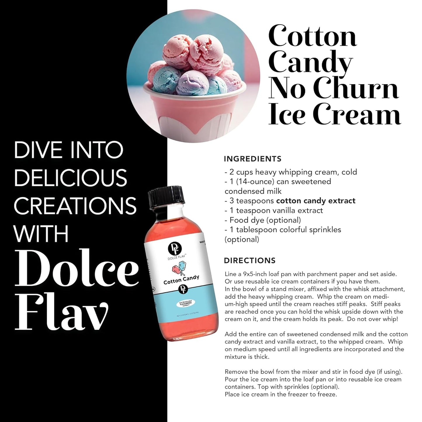 Dolce Flav Cotton Candy Extract – Kosher, Sugar-Free, Concentrated Carnival-Style Flavoring for Baking, Frostings & Drinks, Includes Measured Dropper, 2 oz Pack of 2