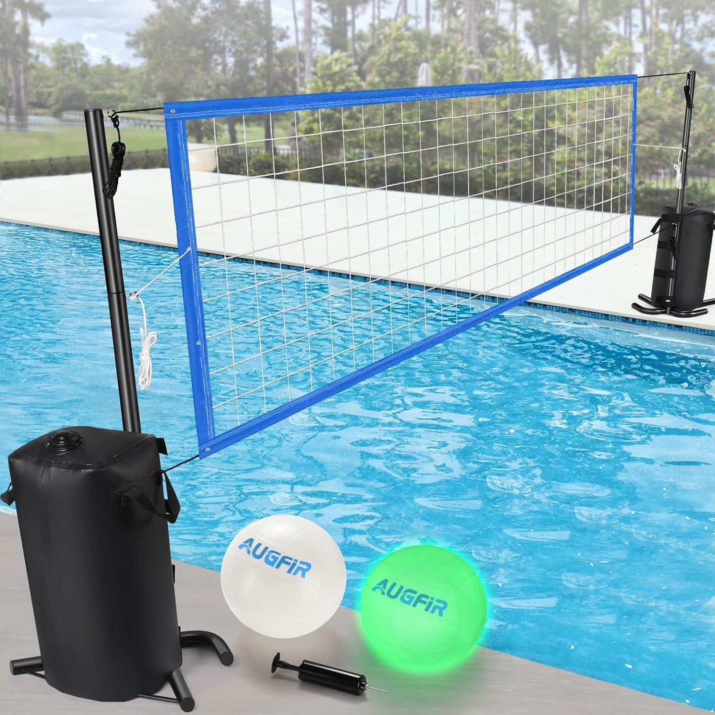 Pool Volleyball Net, Heavy-duty Pool Volleyball Set with 2 Pool Volleyballs, Stabilizing Pool Volleyball Net Holder with Two 25L Dual Water Bags Support - Pool Games for Adults and Family Needs