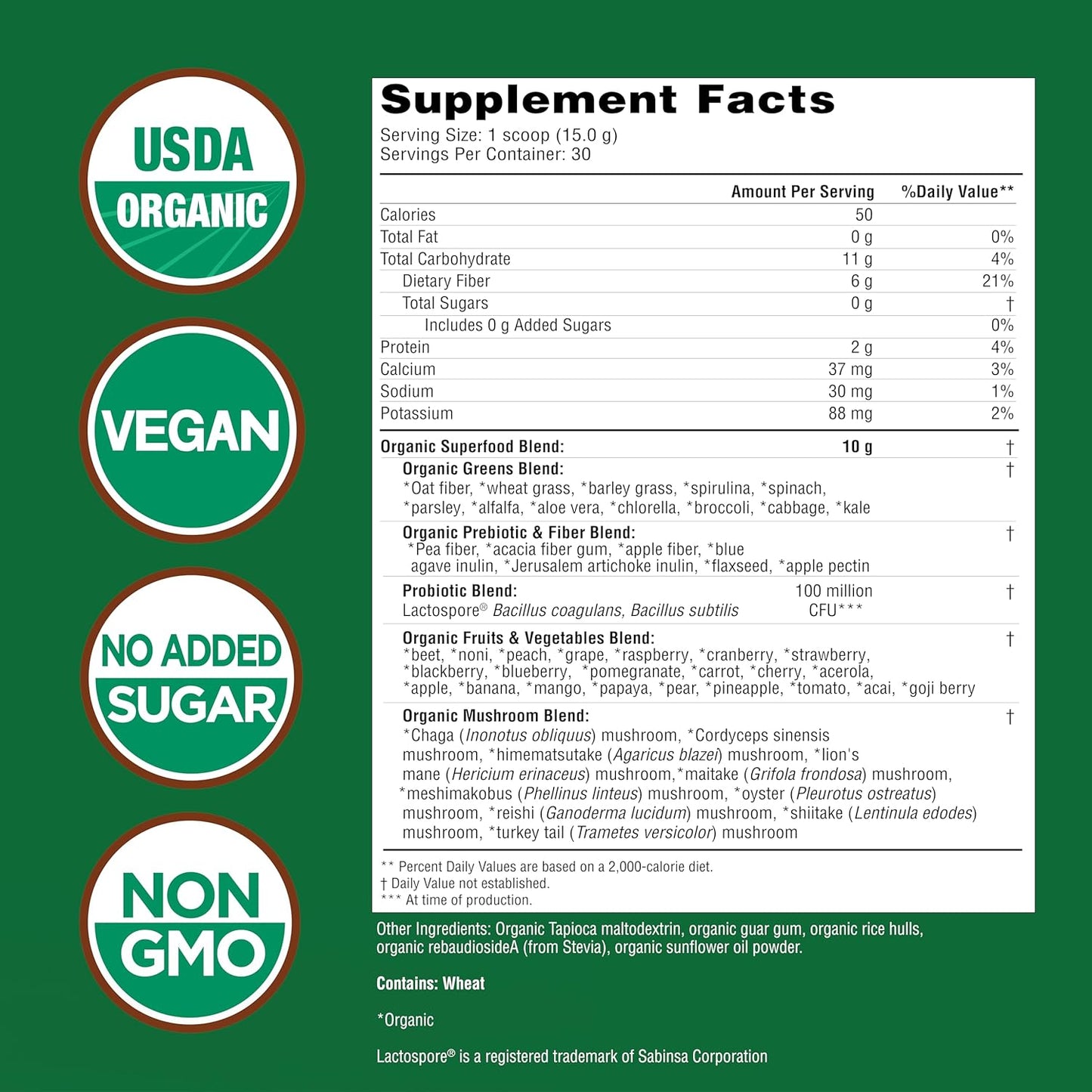 Country Farms Super Greens Natural Flavor, 50 Organic Super Foods, USDA Organic Drink Mix (Wheat Grass, Spirulina, Chlorella) Mushrooms & Probiotics, Fiber, Gut Health, Natural Energy, 30 Servings