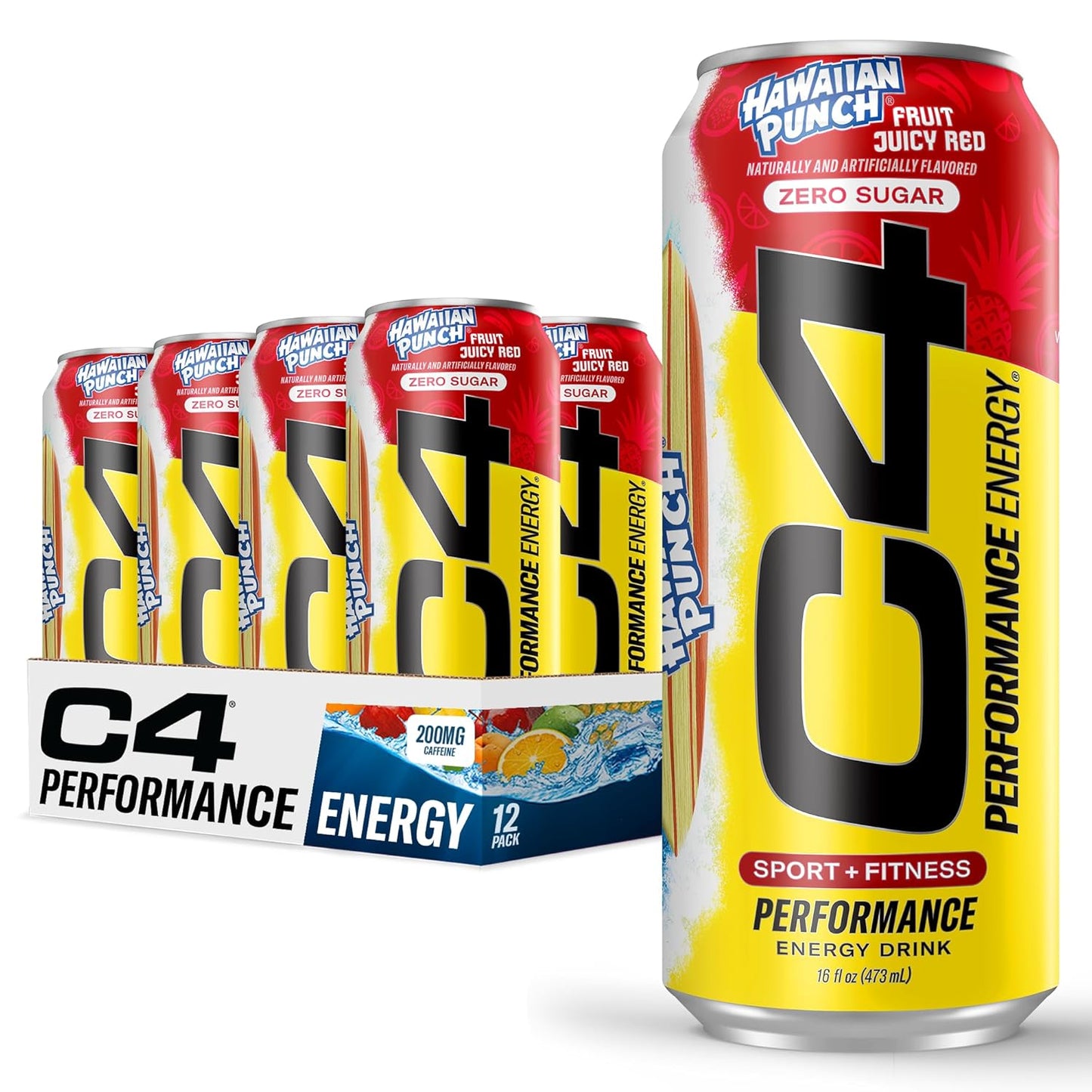 C4 Energy Drink, Hawaiian Punch Fruit Juicy Red, Carbonated Sugar Free Pre Workout Performance Drink with no Artificial Colors or Dyes, 16oz Pack of 12