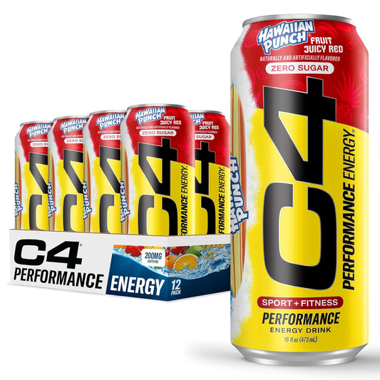 C4 Energy Drink, Hawaiian Punch Fruit Juicy Red, Carbonated Sugar Free Pre Workout Performance Drink with no Artificial Colors or Dyes, 16oz Pack of 12