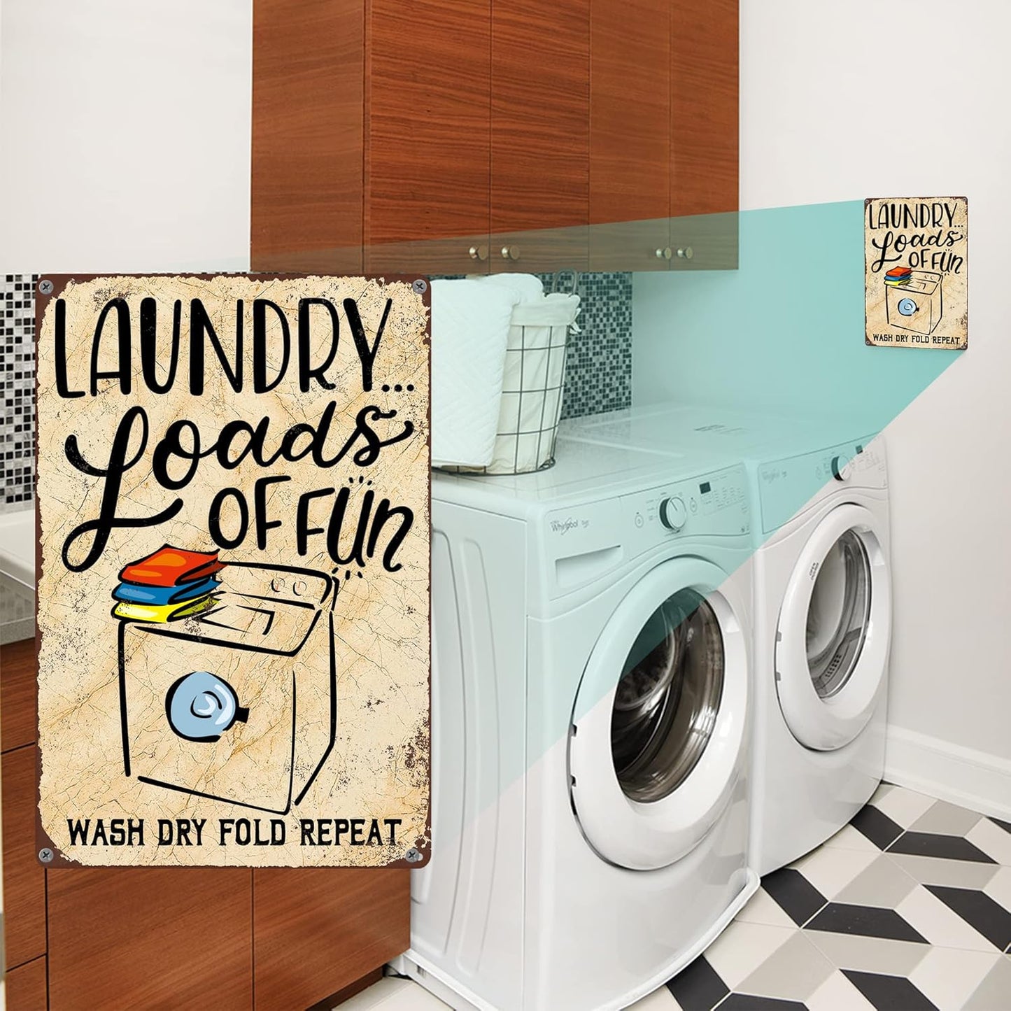 Gocolt Fun Laundry Sign - Vintage Home Decor Unique Accessory Tin Painting Signs - Fits Wall Mounts - Wash-Dry-Fold-Repeat 12x8 Inch