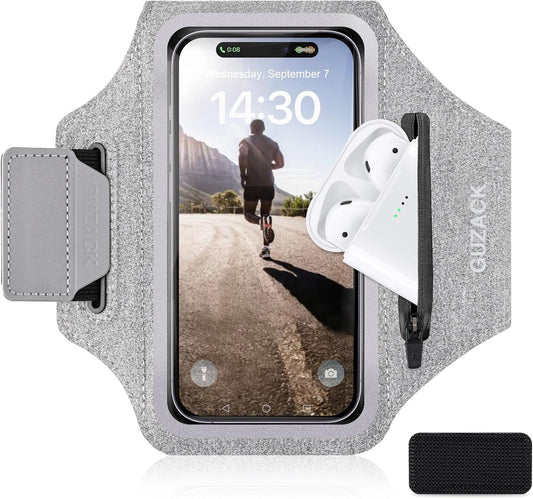 GUZACK Running Armband Case for iPhone 16/15/14/13/12/11 Pro Max, Galaxy S25/S24/S23/S22, Universal Cell Phone Arm Holder with Key Pocket & Card Slot, Gray