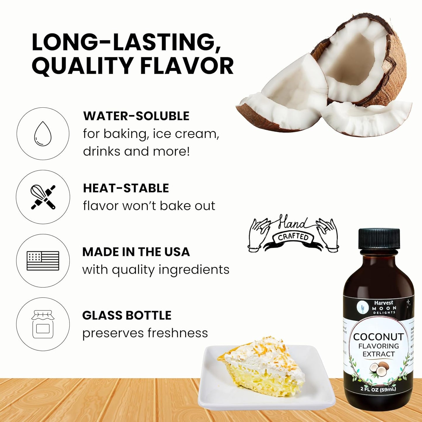 Natural Coconut Extract - 2 oz - Water-Soluble - By Harvest Moon Delights - Coconut Extract for Baking, Ice Cream, Drinks, and Candy - Flavoring - Sugar Free