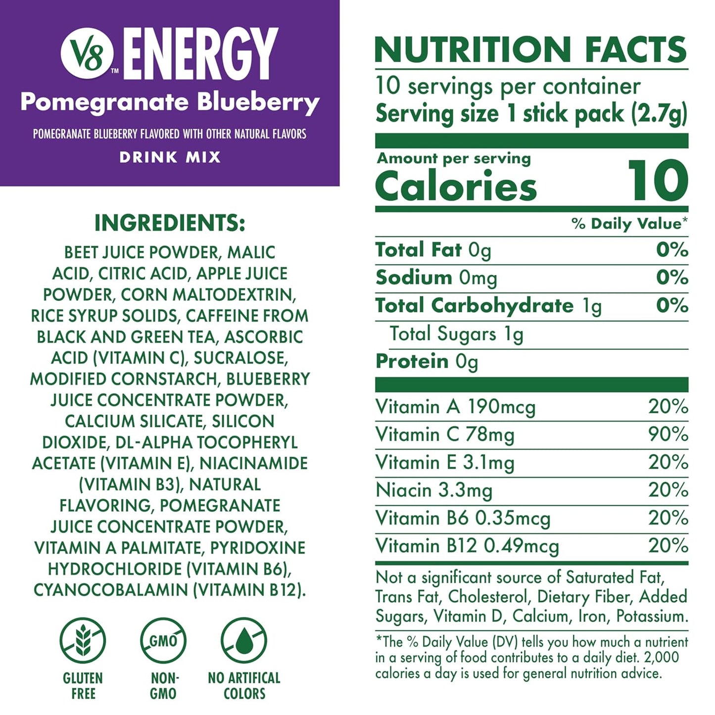 V8 Energy Pomegranate Blueberry Energy Drink Powder, .10 oz Packet (120 Count)