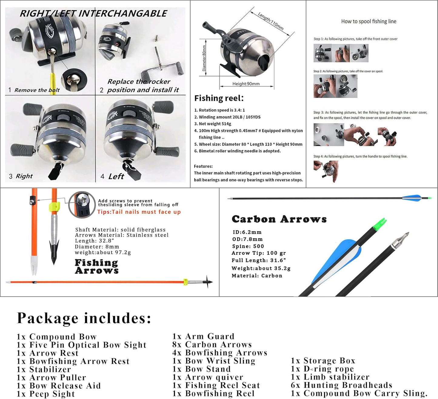 Archery Bowfishing Compound Bow Kit Ready to Fish Kit with Bowfishing Reel, Bow Fishing Arrows Right & Left Handed for Adult/Youth Fishing Hunting Target Shooting