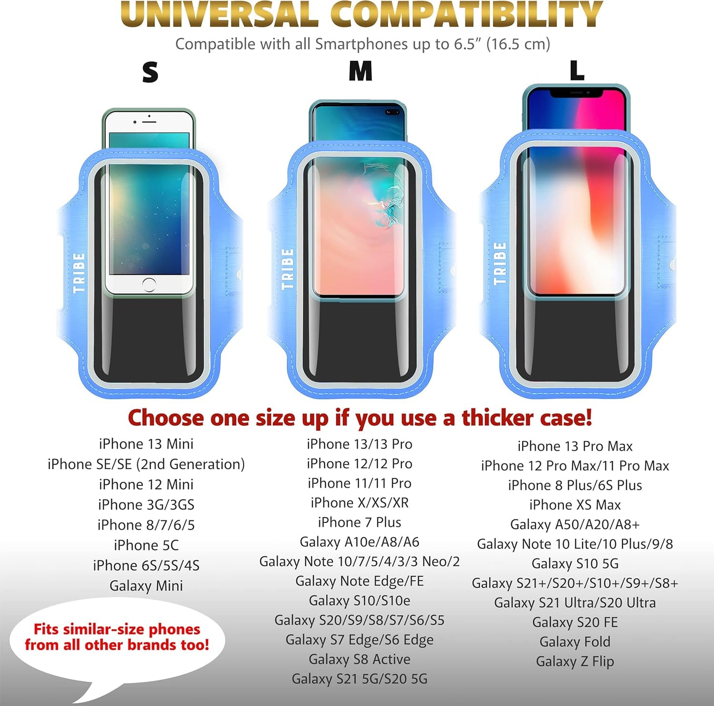 TRIBE Water Resistant Cell Phone Armband Case Running Holder for iPhone Pro Max Plus Mini SE (13/12/11/X/XS/XR/8/7/6/5) Galaxy S Ultra Plus Edge Note (21/20/10/9/8/7/6/5) Adjustable Strap & Key Pocket