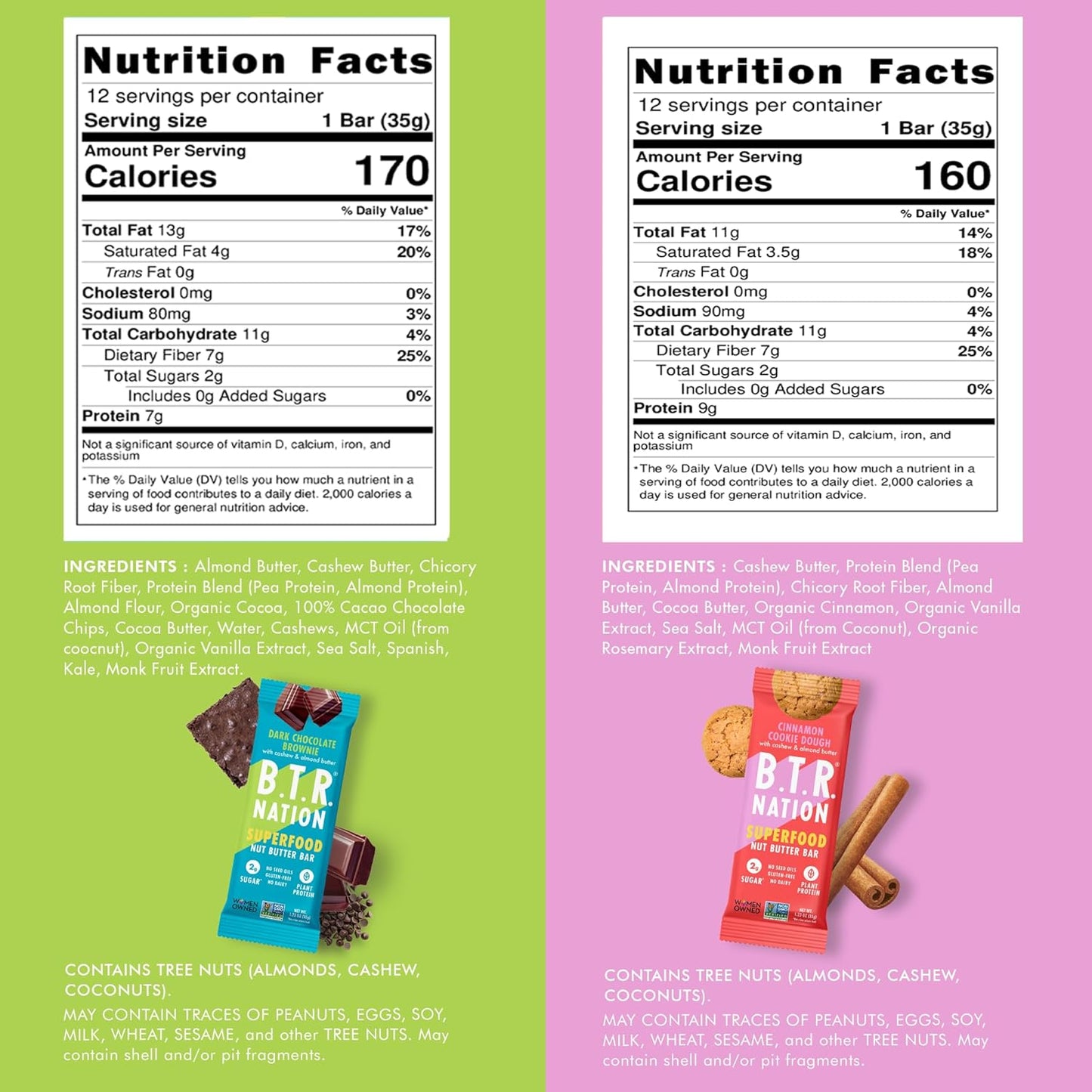 B.T.R. Nation Superfood Keto Protein Bars, Plant Based Vegan - Cinnamon Cookie Dough & Dark Chocolate Brownie | 12 Pack of Each | Low Carb, GF & Calorie, No Sugar Alcohols, Boosted with Superfoods