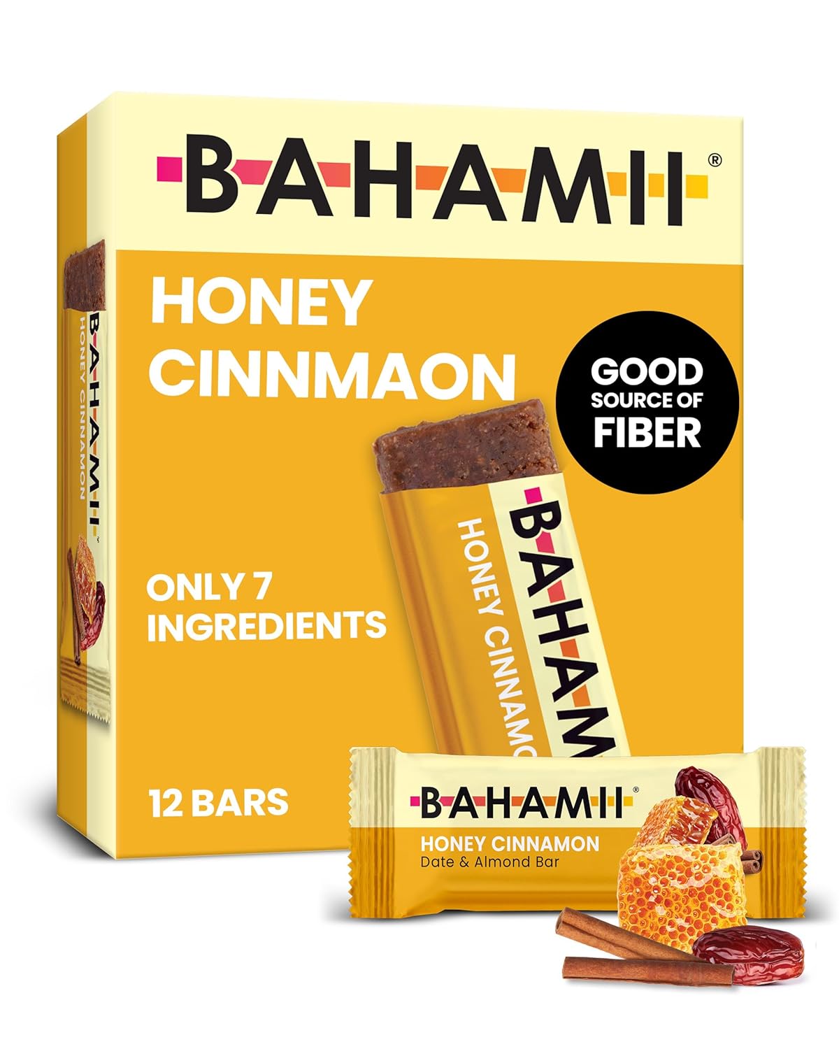 Bahamii - Almond & Date Bars (Honey Cinnamon) - Healthy Snack Bars with Dates - Non-GMO, Gluten-Free, Dairy-Free, Kosher, and No Sugar Added Fruit and Nut Bar - Simple Ingredient Snack (12-Pack)