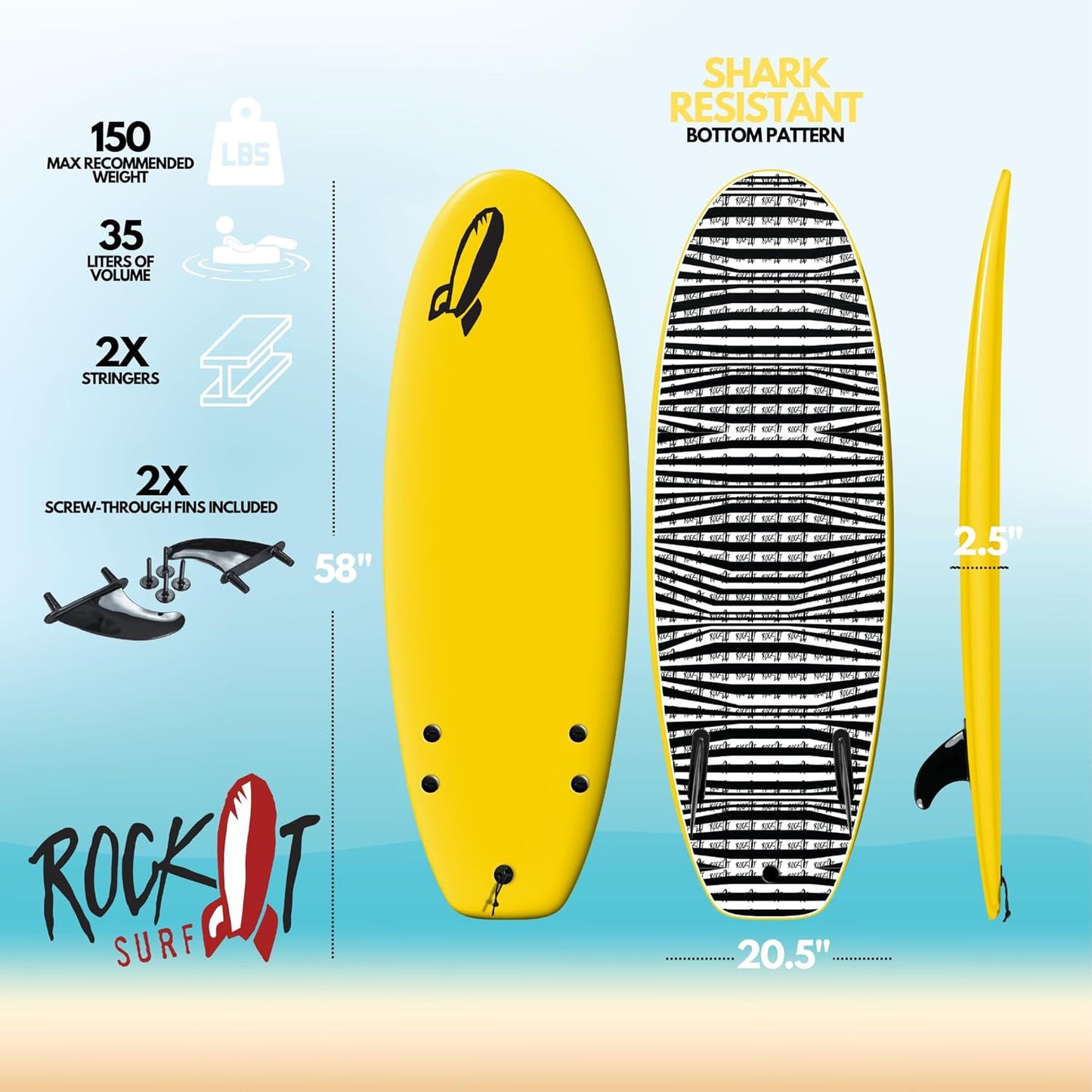 Rock-It 4'10" CHUB Soft Top Surfboard - Kids & Mini, Easy to Paddle & Maneuverable for Beginners
