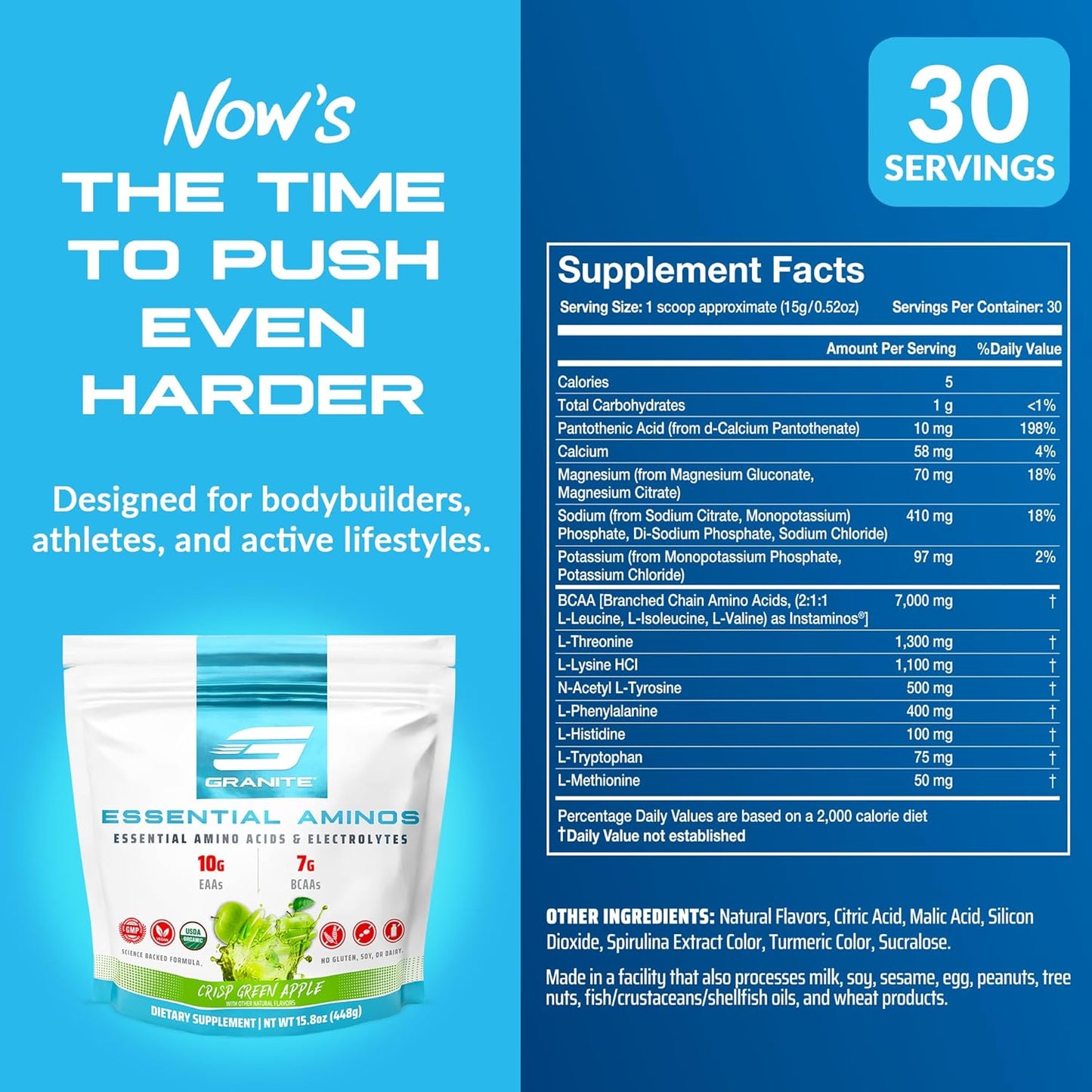Granite Essential Amino Acids Powder, Green Apple Flavor, with 10g EAAs and 7g BCAAs, Supports Muscle Recovery & Growth, Soy-Free, Gluten-Free (30 Servings)
