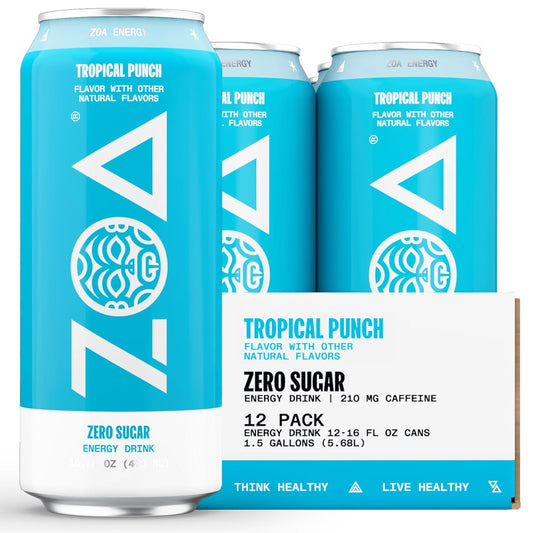 ZOA Zero Sugar Energy Drinks, Tropical Punch - Sugar Free with Electrolytes, Healthy Vitamin C, Amino Acids, Essential B-Vitamins, and Caffeine from Green Tea - 16 Fl Oz (12-Pack)