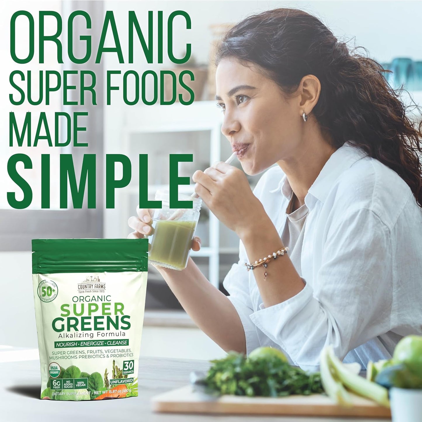 Country Farms Super Greens Natural Flavor, 50 Organic Super Foods, USDA Organic Drink Mix (Wheat Grass, Spirulina, Chlorella) Mushrooms & Probiotics, Fiber, Gut Health, Natural Energy, 30 Servings