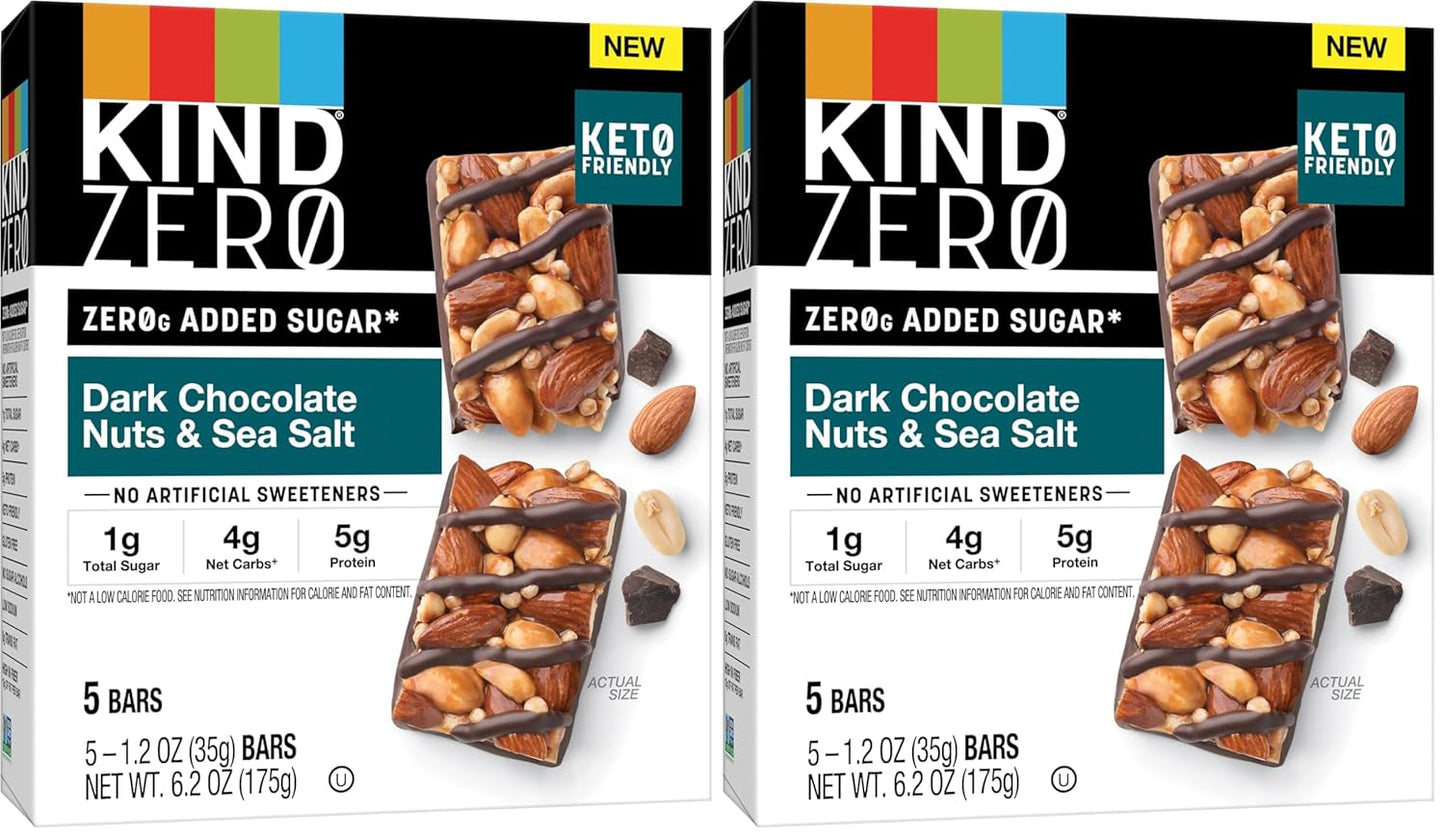 KIND ZERO Added Sugar Bars, Dark Chocolate Nuts and Sea Salt, Keto Friendly Snacks, Gluten Free, 5g Protein, 5 Count (Pack of 2)