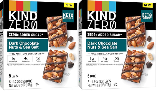 KIND ZERO Added Sugar Bars, Dark Chocolate Nuts and Sea Salt, Keto Friendly Snacks, Gluten Free, 5g Protein, 5 Count (Pack of 2)