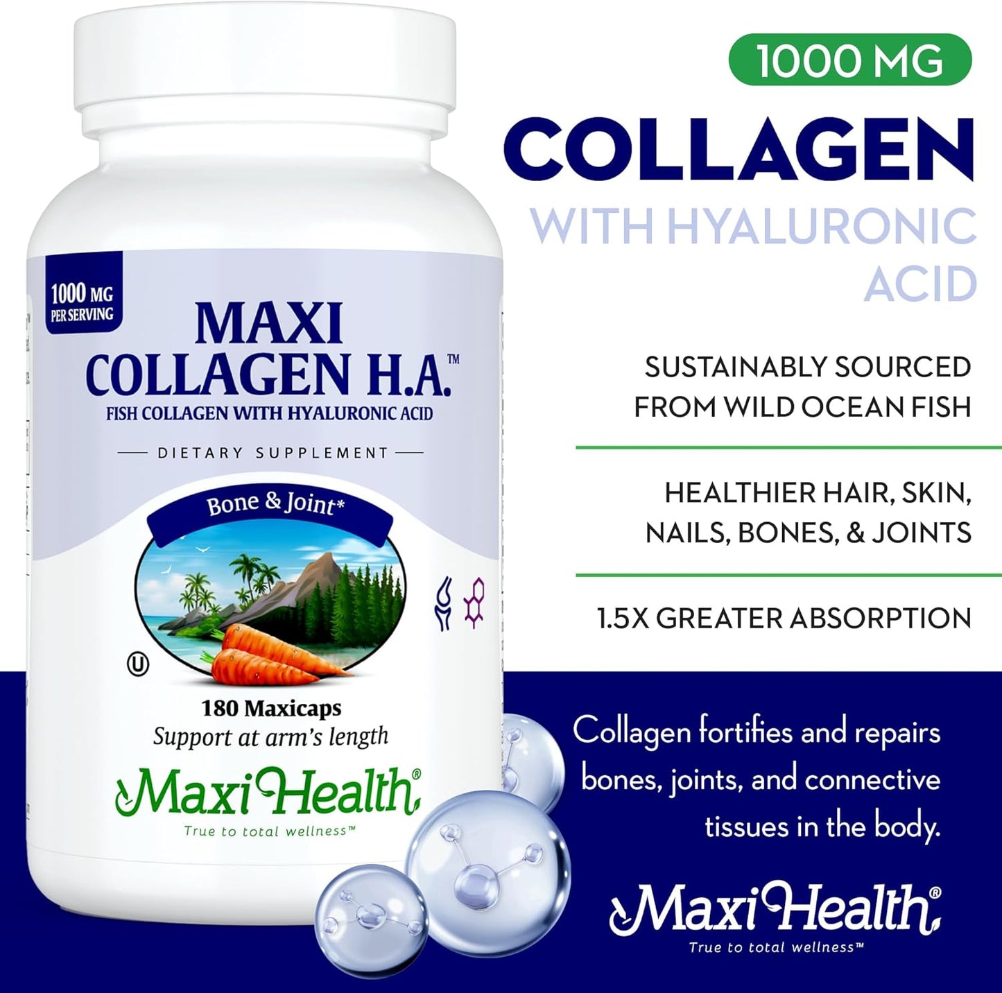 Maxi Health Marine Collagen Pills – 1000 mg Type 1 Collagen for Women & Men with Hyaluronic Acid Supplement for Joint & Skin Support – Unflavored, Clean Kosher Capsules (180 Maxicaps)