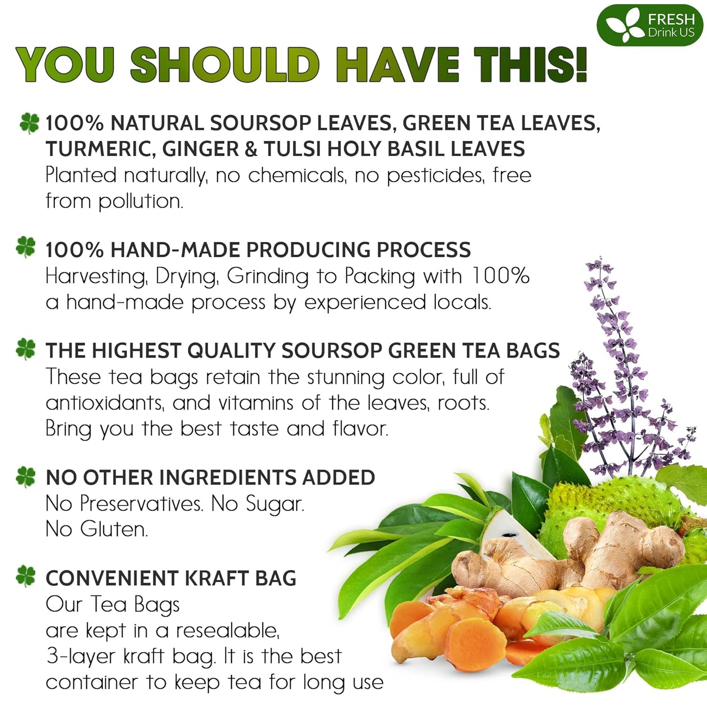 FreshDrinkUS, Premium 40 Tea Bags Soursop Green Tea, 100% Natural & Proprietary Blend from Soursop Leaves and Green Tea. Smooth Flavor. Made with Eco-Conscious Tea Bags. No Additives No Sugar, Vegan.