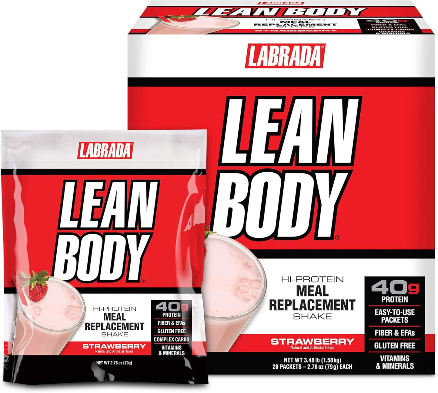 Labrada Lean Body MRP All-In-One Strawberry Meal Replacement Shake, 40g Protein, Whey Blend, 8g Healthy Fats EFA's & Fiber, 22 Vitamins and Minerals , No artificial color, Gluten Free, (20 Packets)