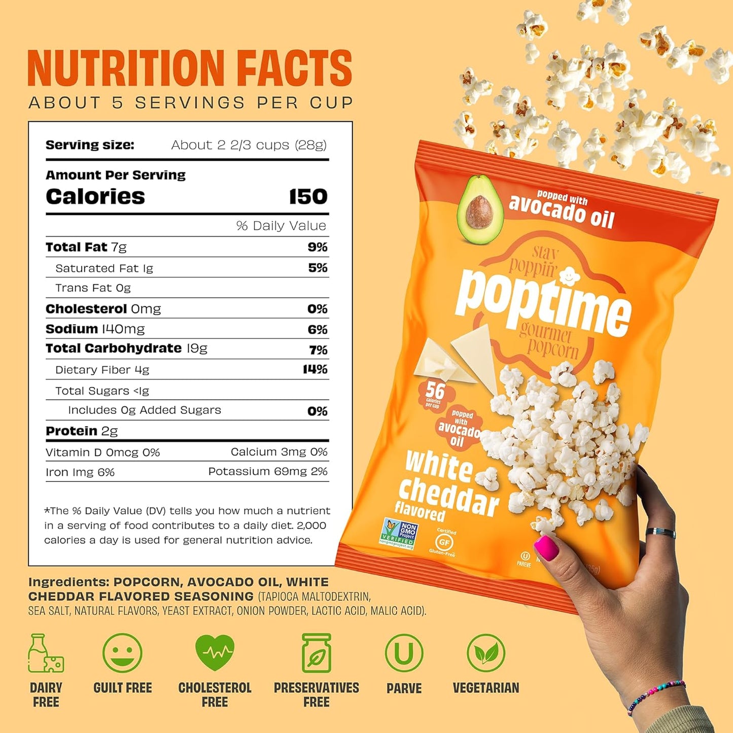 Poptime White Cheddar Popcorn Snack Bags – Gourmet Popcorn Bags, Healthy Snack With Heart-Healthy Avocado Oil, Crunchy, Cheesy, Gluten Free, Vegan, Low Calorie, Non-GMO, Kosher - 4.75 oz - Pack 12
