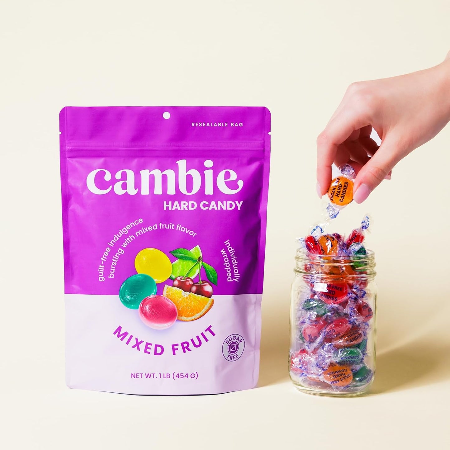 Cambie Sugar Free Mixed Fruit Hard Candy - 1 Pound of Individually Wrapped Sugar Free Hard Candy, Assorted Fruit Flavors with Cherry, Lime, and Orange, Keto & Diabetic Friendly