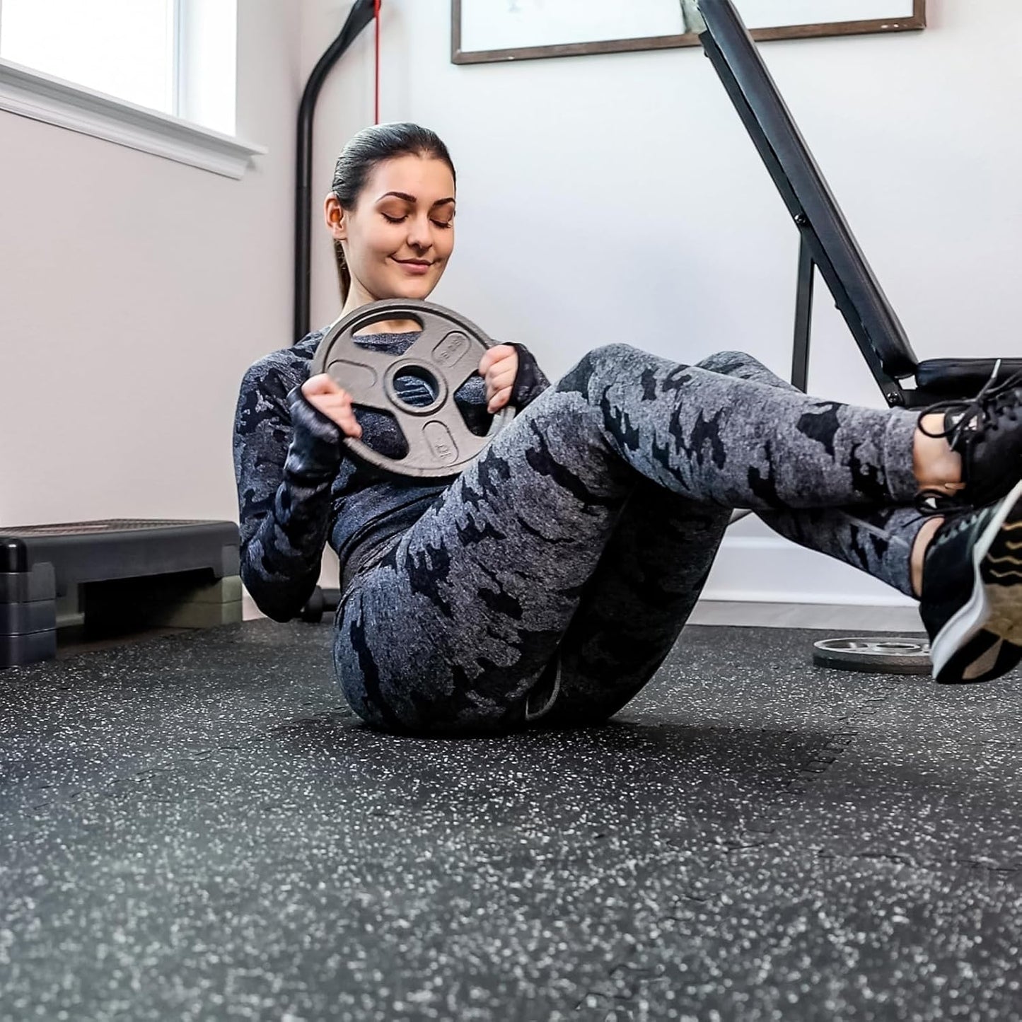 SUPERJARE 0.56'' Thick 24 Pcs 96 Sq Ft Rubber Top Exercise Equipment Mats, High Density EVA Foam Mats with Rubber Top, Interlocking Gym Flooring for Home Gym, Protective Workout Mat, Black/Grey