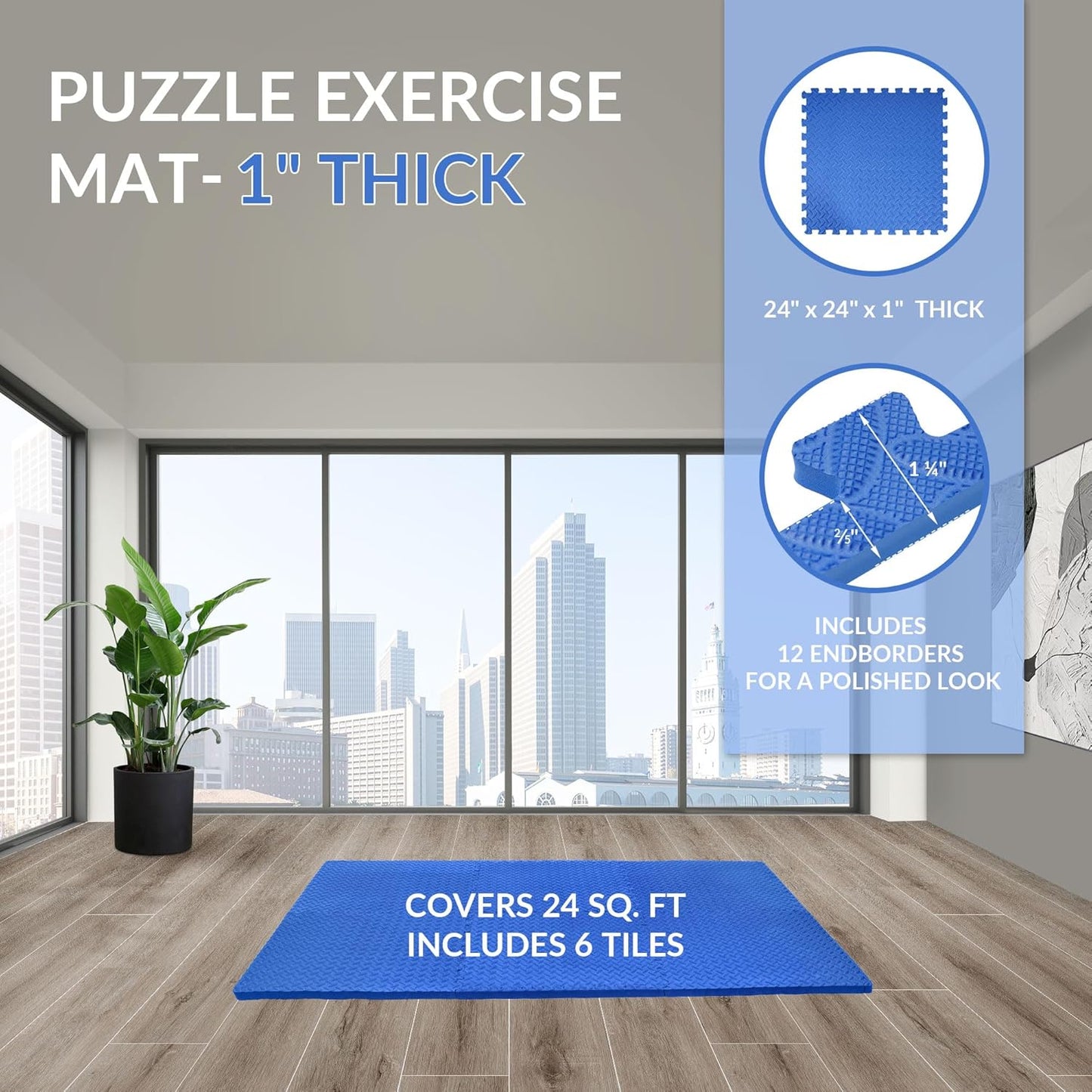 Puzzle Exercise Gym Flooring Mat, 1" Thick High-Density EVA Interlocking Tiles Workout Mat for Home Gym, Fitness Equipment, MMA, Gymnastics, 6-Piece Shock-Absorbing Exercise Mat (24 Sq Ft)