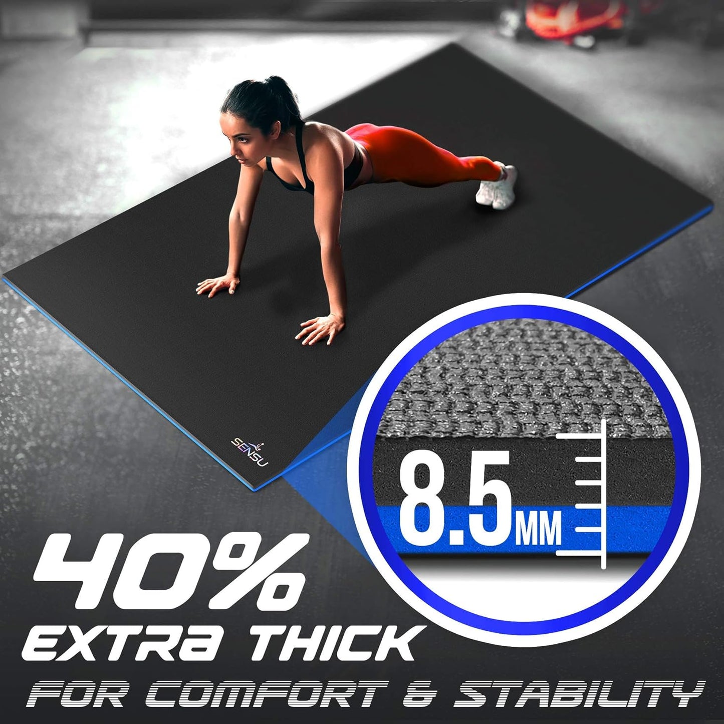 Sensu Large Exercise Mat – 6' x 4' x 8.5mm Extra Thick – Durable and Shoe-Friendly Workout Mat for Home Gym – Non-Slip Fitness Mat for Strength Training, Stretching, Cardio, and Balance Exercises