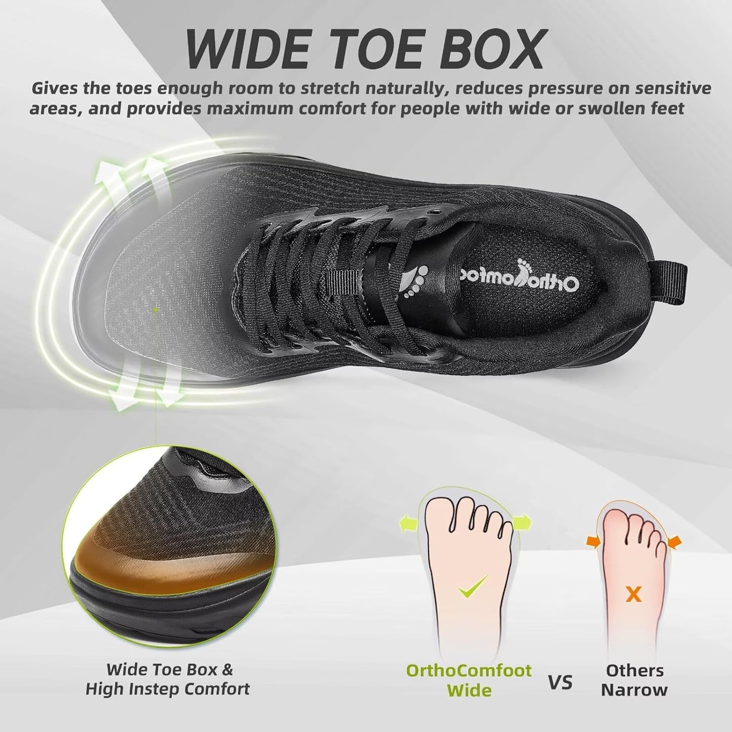 OrthoComfoot Orthopedic Diabetic Men's Wide Shoes: Comfortable Arch Support Running Sneakers, Plantar Fasciitis Wide Toe Box Work Tennis Outdoor Walking Shoes for Swollen Feet, Heel Pain