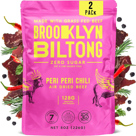 Brooklyn Biltong Air Dried Grass Fed Beef Snack, South African Beef Jerky (8 oz, Pack of 2) - Whole30 Approved, Paleo, Keto, Gluten Free, Sugar Free, Made in USA - (Peri Peri)