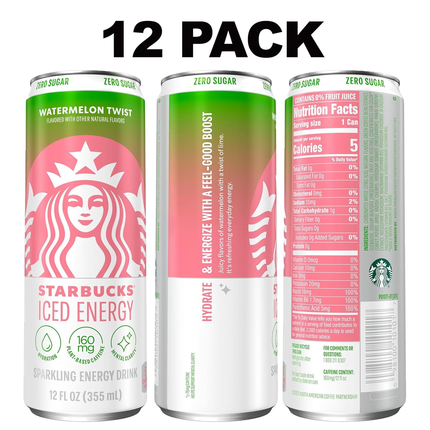 Starbucks Iced Energy Drink, Watermelon Splash, Zero Sugar Energy Drink, Plant Based Caffeine, Hydration, Mental Clarity, 12 Fl Oz Cans (Pack of 12)