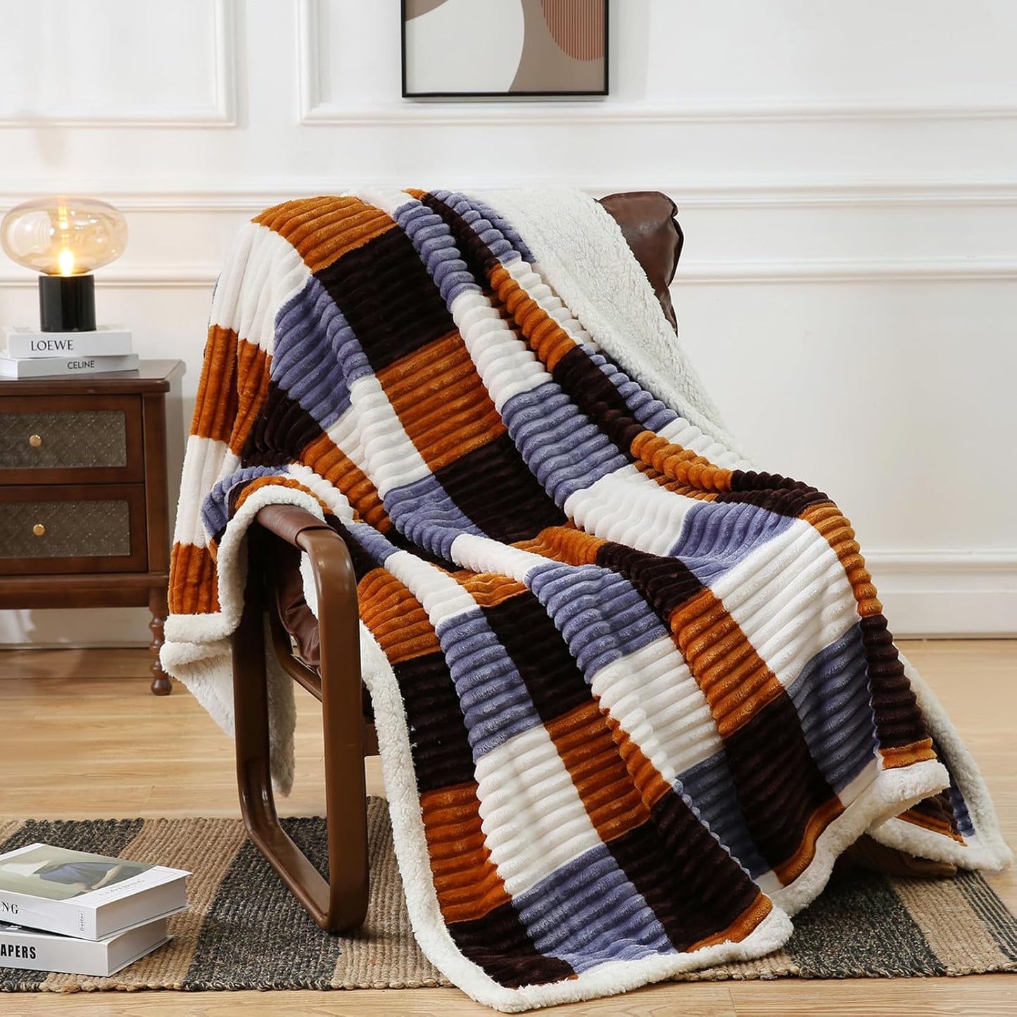 PU MEI Sherpa Blanket Twin Plaid Thick Bed Blanket, 80”*90” Super Soft Flannel Fuzzy Fleece Reversible Velvet Plush Warm Blanket for Couch (Brown Orange Check)
