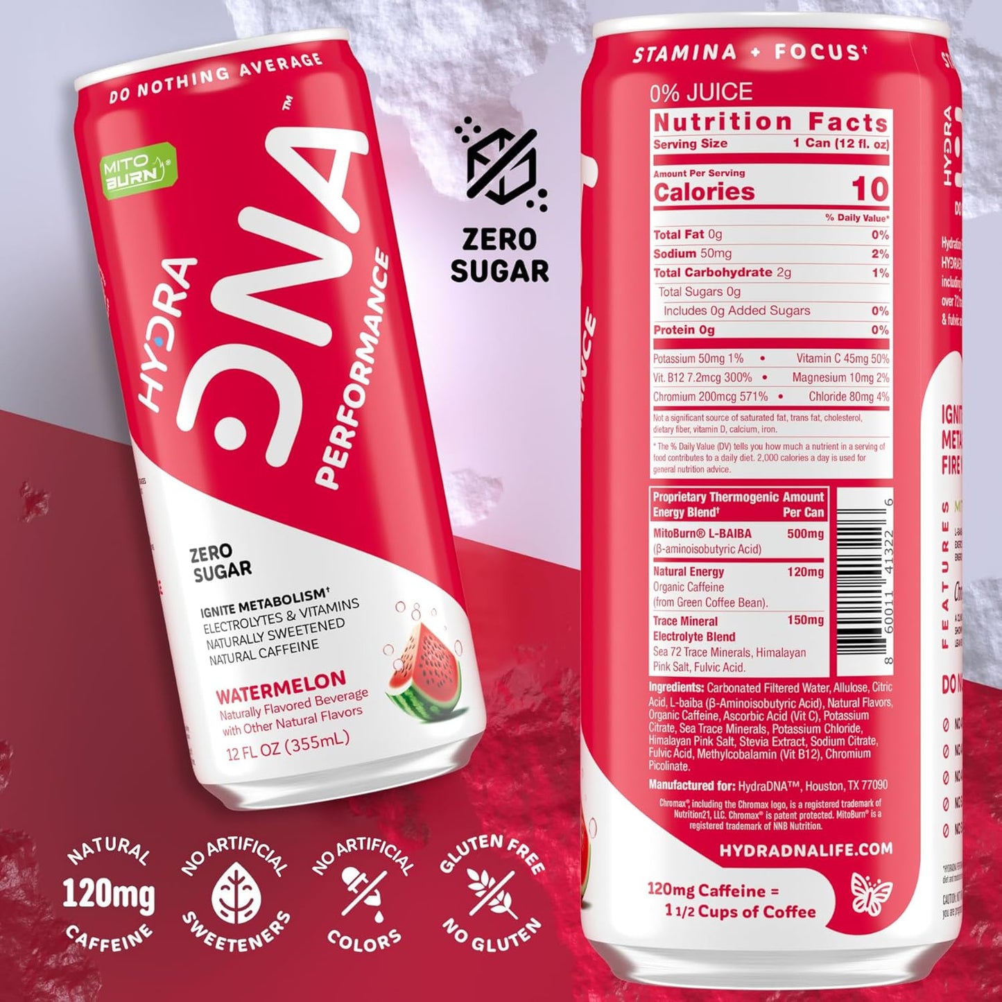 HYDRADNA- Clean Performance Drink, Zero Sugar | For Natural Fuel, Alertness, Boost, Stamina,120 mg Organic Caffeine, Natural Flavors, Zero Sucralose, Clean Ingredients (12 Pack) (12 Pack, Watermelon)