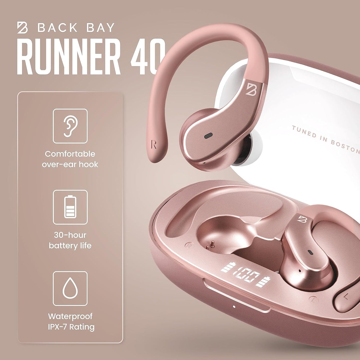 Back Bay Audio - Runner's Wireless Earbuds Bluetooth Headphones for Sports, Hook Over The Ear Buds, Deep Bass, Wrap Around Earphones with Earhooks for Running, Workout Wireless Headphones for The Gym