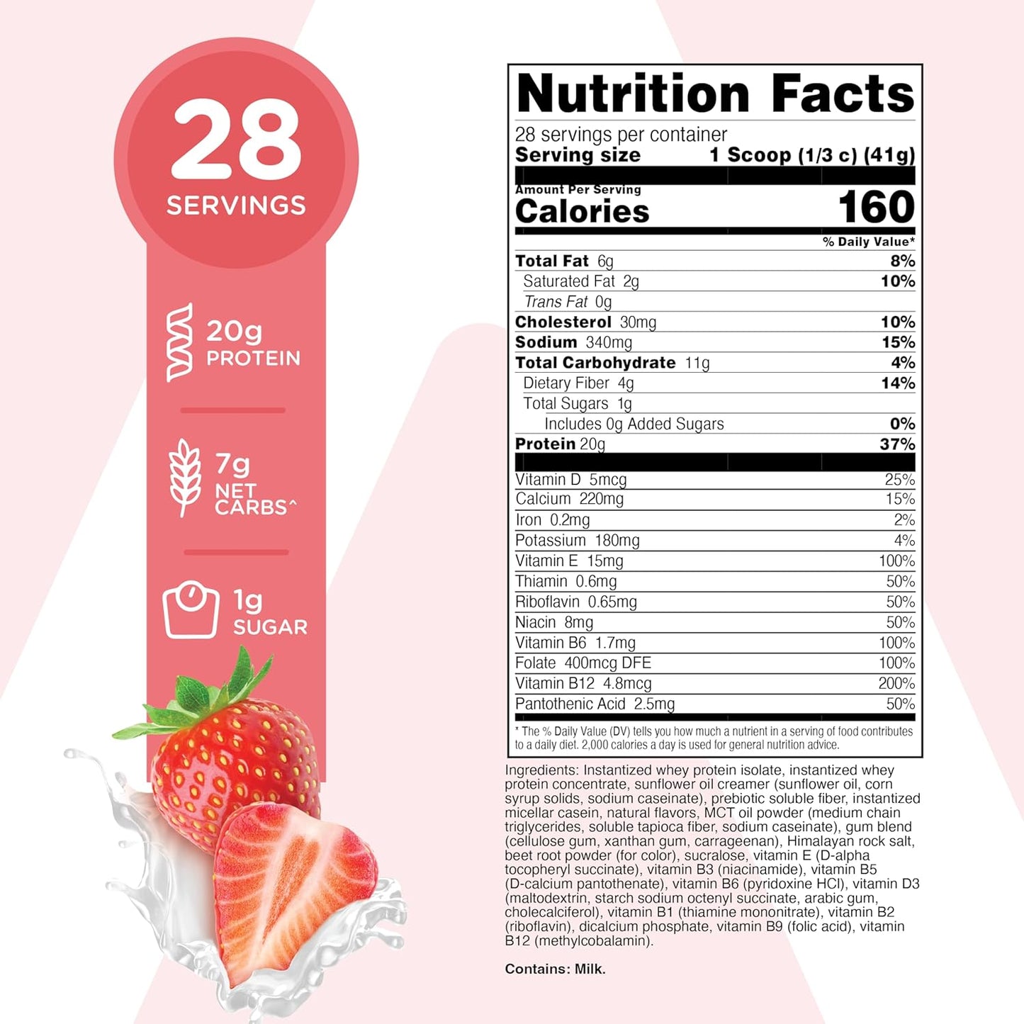 TransformHQ Meal Replacement Shake Powder 28 Servings (Strawberry & Cream) - Gluten Free, Non-GMO