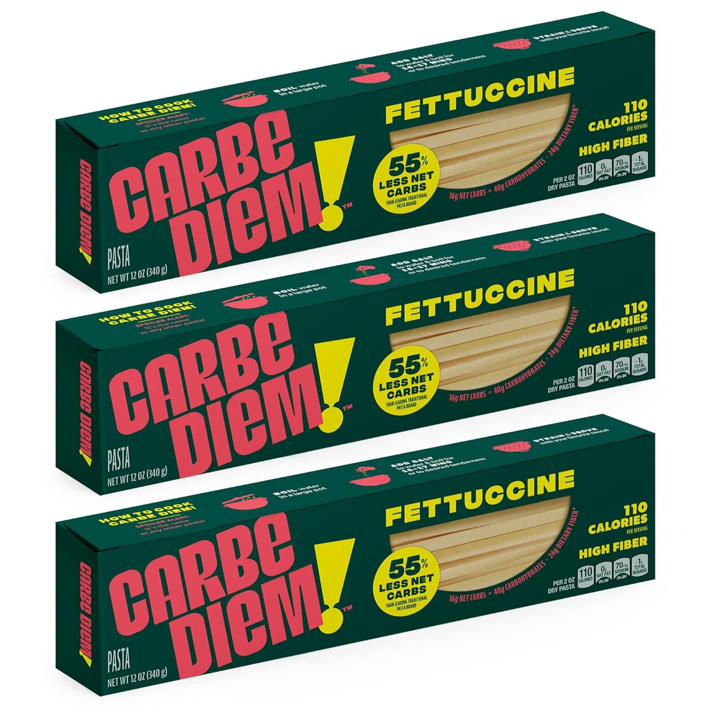 Carbe Diem!, Fettuccine, Lower Net Carb Pasta with Traditional Flavor & Texture, 55% Fewer Net Carbs & Only 110 Calories Per Serving, Pack of 3