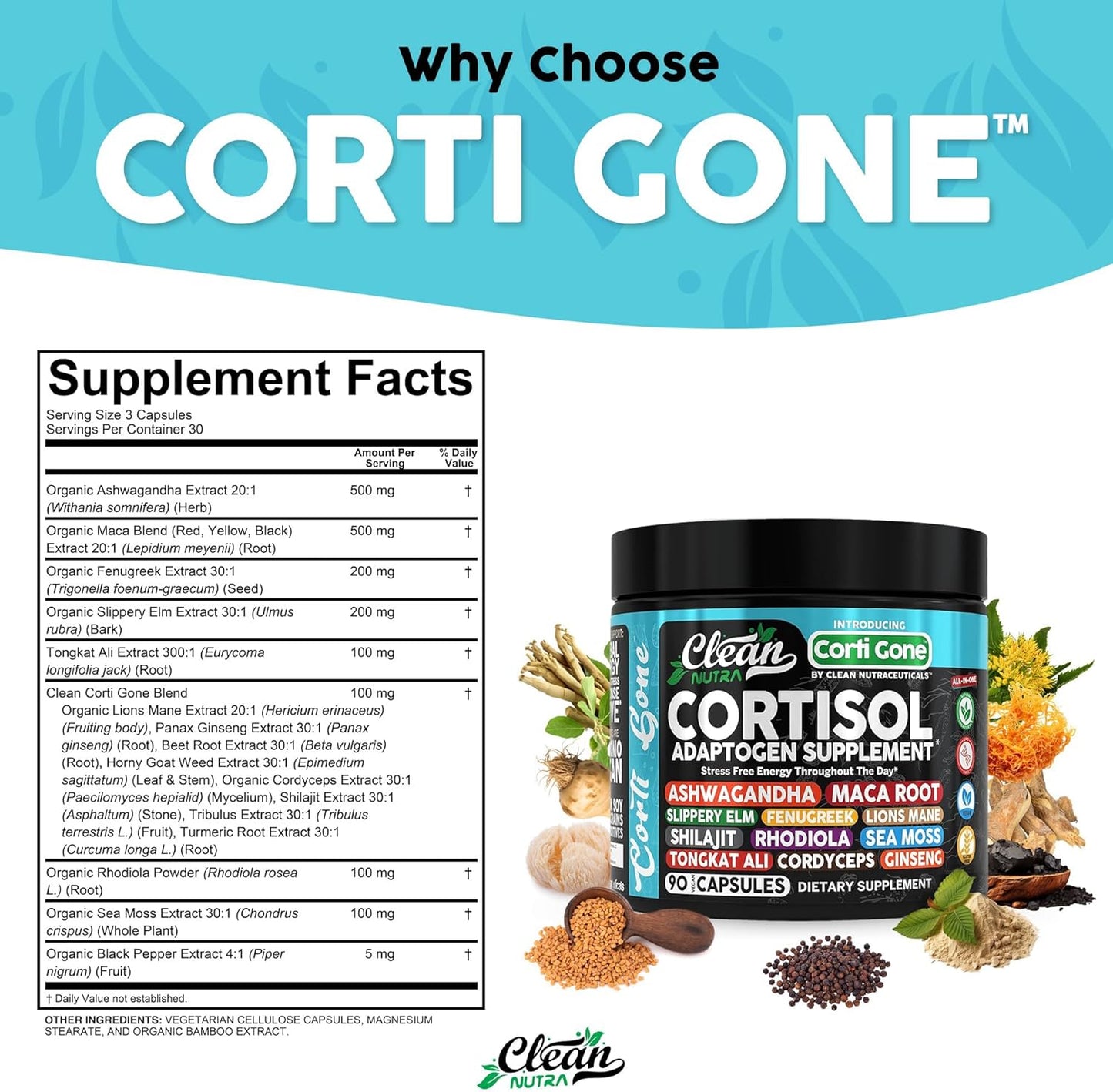 Corti Gone Cortisol Supplements For Women | Maca Root Ashwagandha Cortisol Detox Manager Reducer + Slippery Elm Fenugreek Lions Mane Shilajit Rhodiola Sea Moss Tongkat Ali Cordyceps Ginseng Beet Root