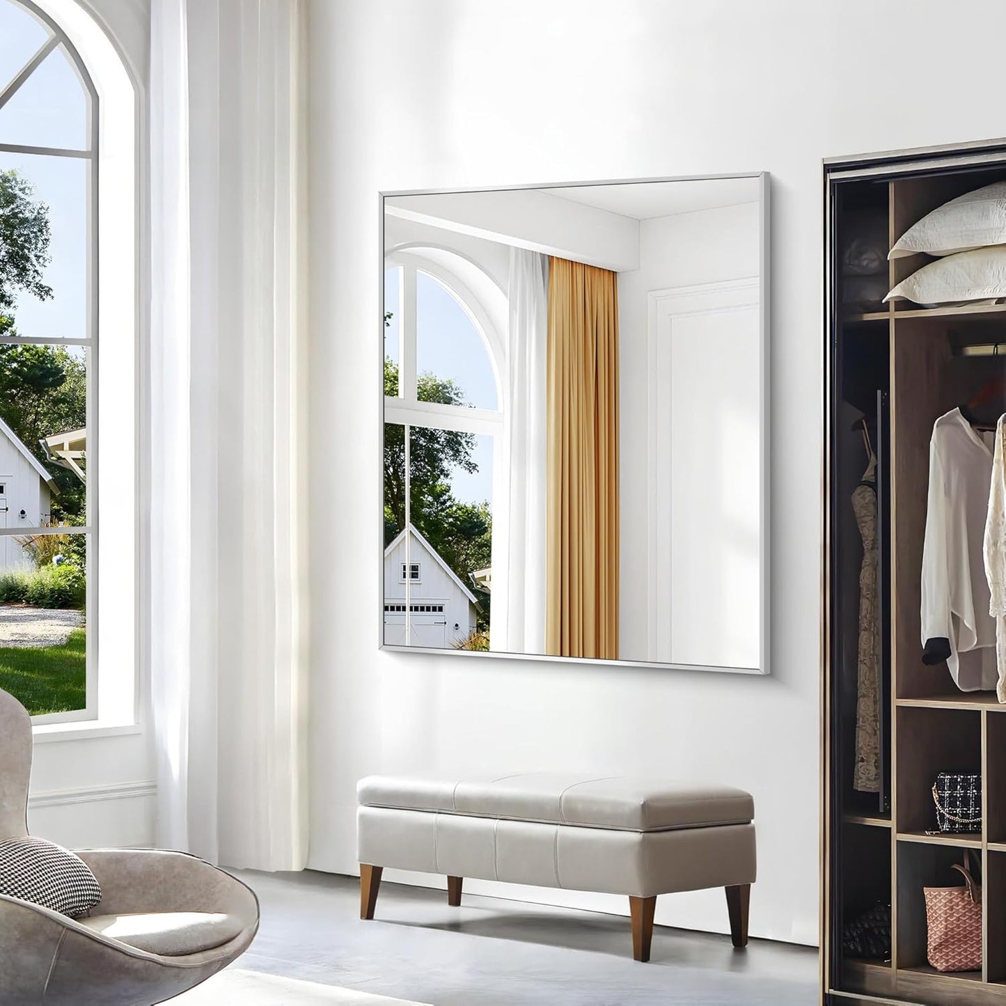 Silver Bathroom Mirror,40x48 inch Wall Mirror for Bathroom Wall Mounted,Large Rectangle Mirror for Bathroom Over Sink,Modern Metal Frame for Living Room,Bedroom Entryway,Horizontal/Vertical