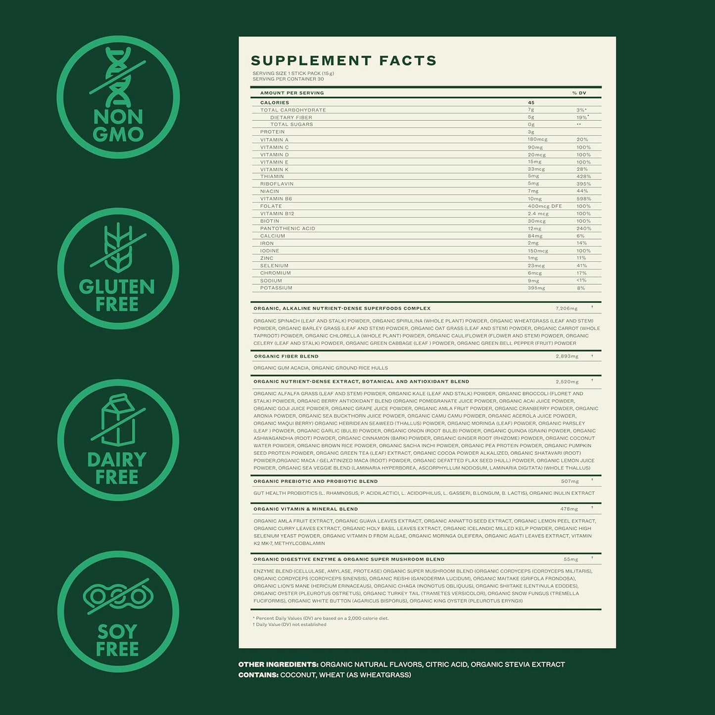 Zena Complete Organic Super Greens Powder & Multivitamin, 90+ Supergreens, Fruits, Veggies, Pre & Probiotics, Watermelon Citrus Flavor, 30 Packets + Water Bottle