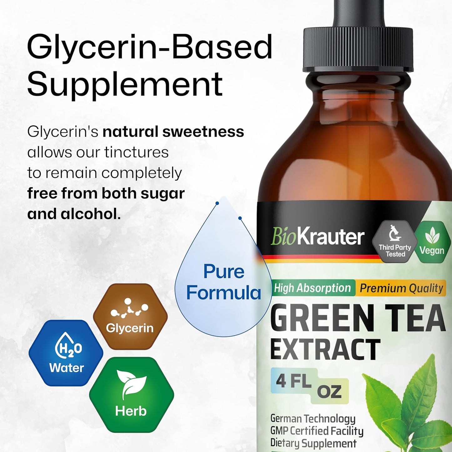BIO KRAUTER Green Tea Extract Liquid Drops - Green Tea Supplements - Antioxidant Source - Alcohol and Sugar Free - 4 Fl.Oz.