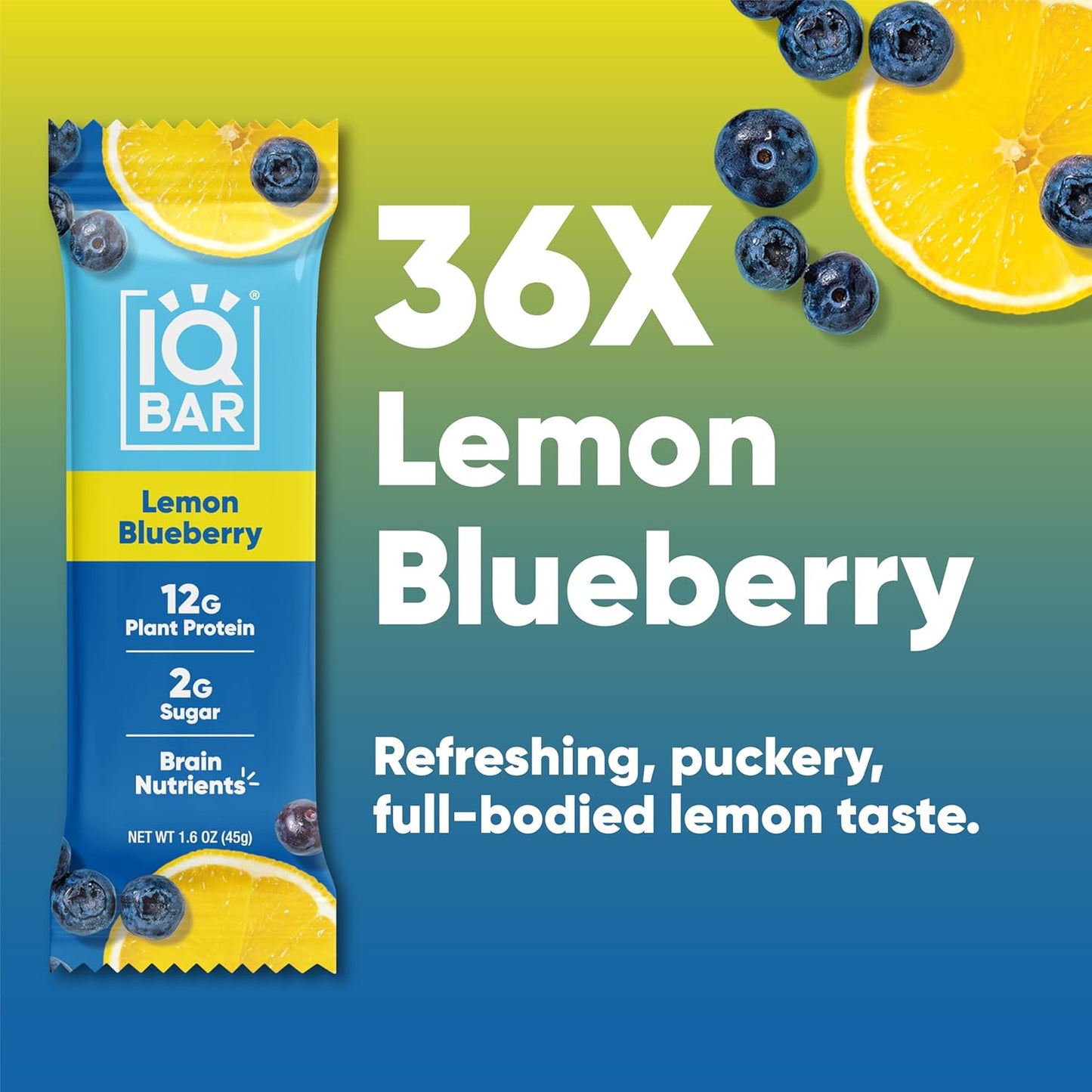 IQBAR Brain and Body Plant Protein Bars - Lemon Blueberry - 36-Count Low Carb - Gluten Free, High Fiber, Vegan Snacks - Low Sugar Meal Replacement