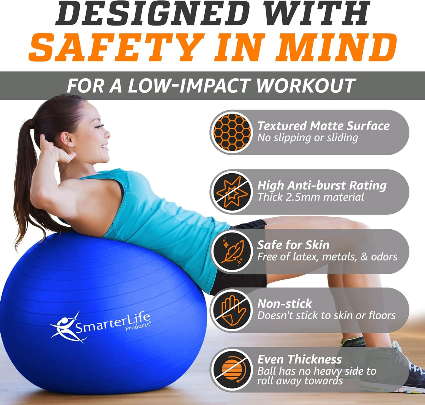 SmarterLife Exercise Ball Yoga Ball for Fitness, Balance, Stability, or Pregnancy, Gym Ball for Core Workout, Physical Therapy, Yoga Ball Chair for Office, Anti-Slip Anti-Burst