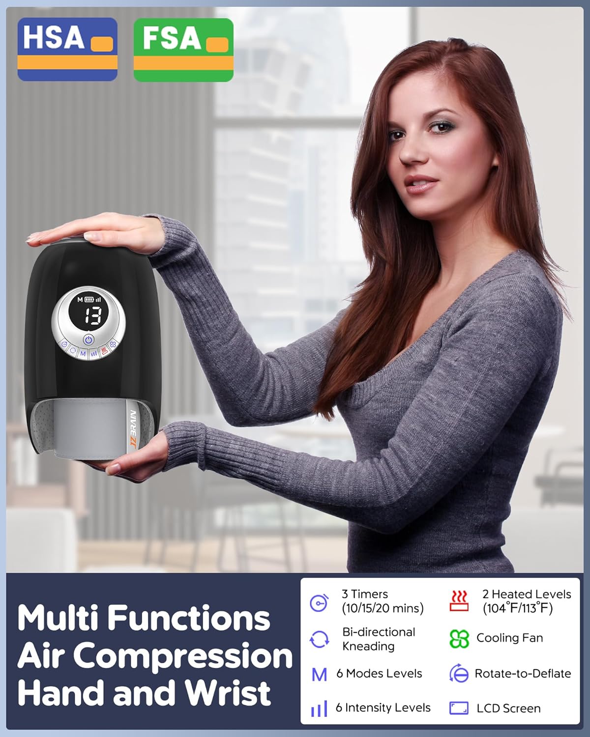 Hand Massager with Heat and Compression : Full Hand and Wrist Massage with Palm Kneading Rollers - Gifts for Arthritis Pain Relief Relaxation & Circulation - HSA or FSA Eligible