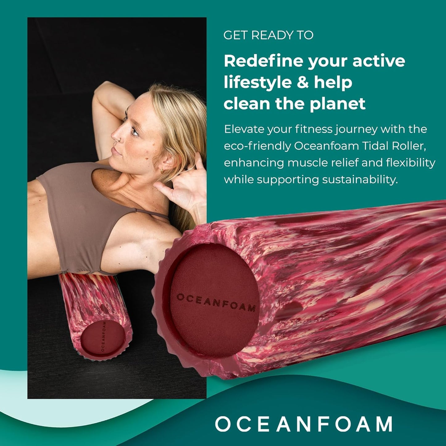Oceanfoam Tidal Roller - Maroon, Blush & Hot Pink Marbled - Muscle Massage Foam Roller for Back Pain & Stretching - Firm & Ergonomic Wide Wave Textured - Yoga & Athletics - Full Size, 20" x 5"