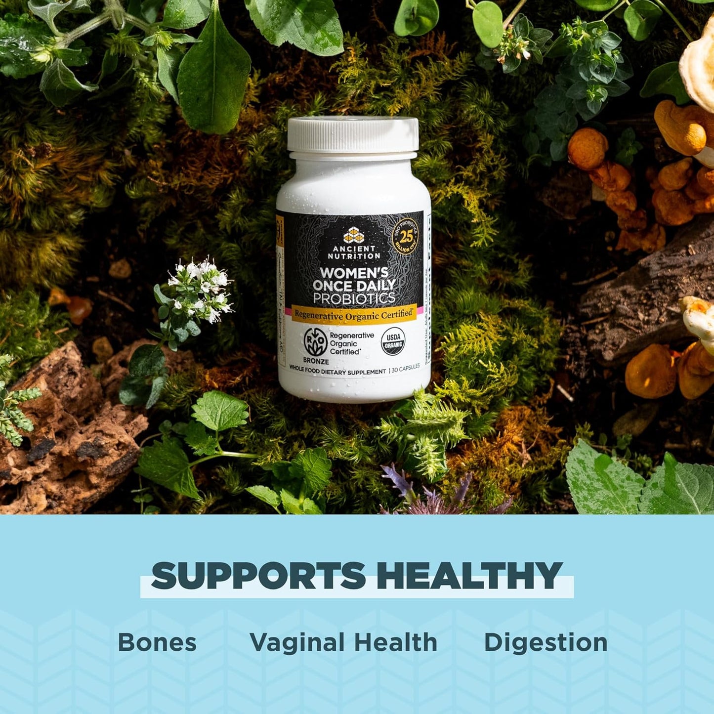 Ancient Nutrition Regenerative Organic Certified Probiotics for Women, Probiotics Women’s Once Daily, for Healthy Digestion and Immune System Function Support, 25 Billion CFUs* Per Serving, 30 Count