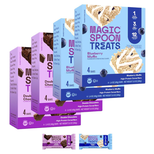 MAGIC SPOON Treats - High Protein, Low Carb, Keto Friendly, Low Sugar, Gluten Free, Crispy Protein Bar Cereal Bar, On-The-Go Healthy Snack (8 Blueberry Muffin Bars, 8 Double Chocolate Bars)